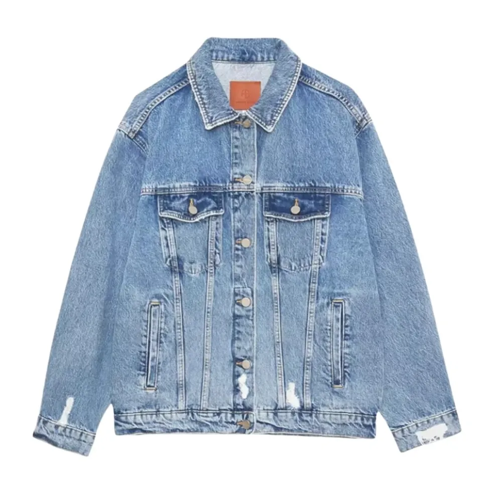 Blå Denim Jakke Distressed Oversized Stil