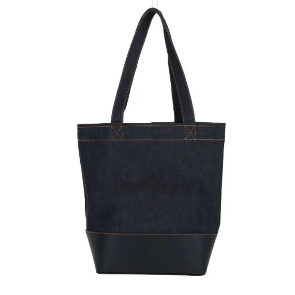 Blå denim tote taske med læderbund