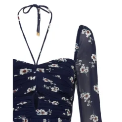 Elegant lang kjole med blåt fantasiprint