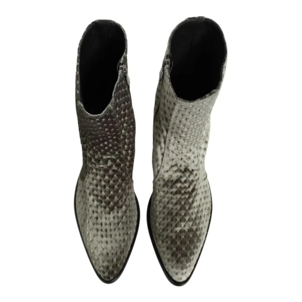 Grå Bomuld Velvet Mid Calf Støvler