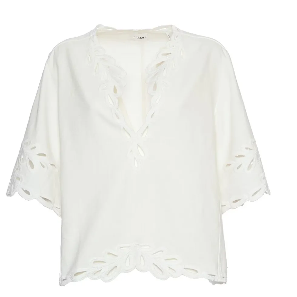 Hvid Perforeret Broderi V-Hals Top