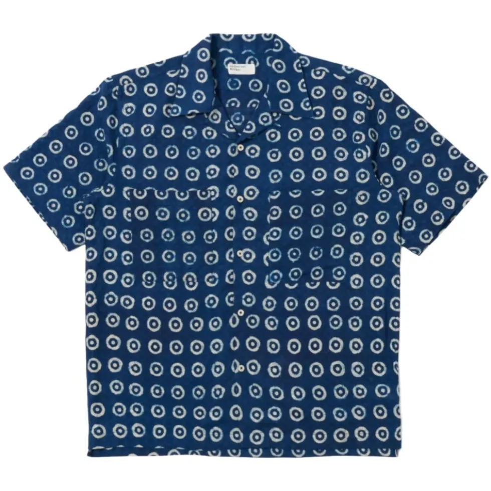 Indigo Block Print Circles Camper Shirt