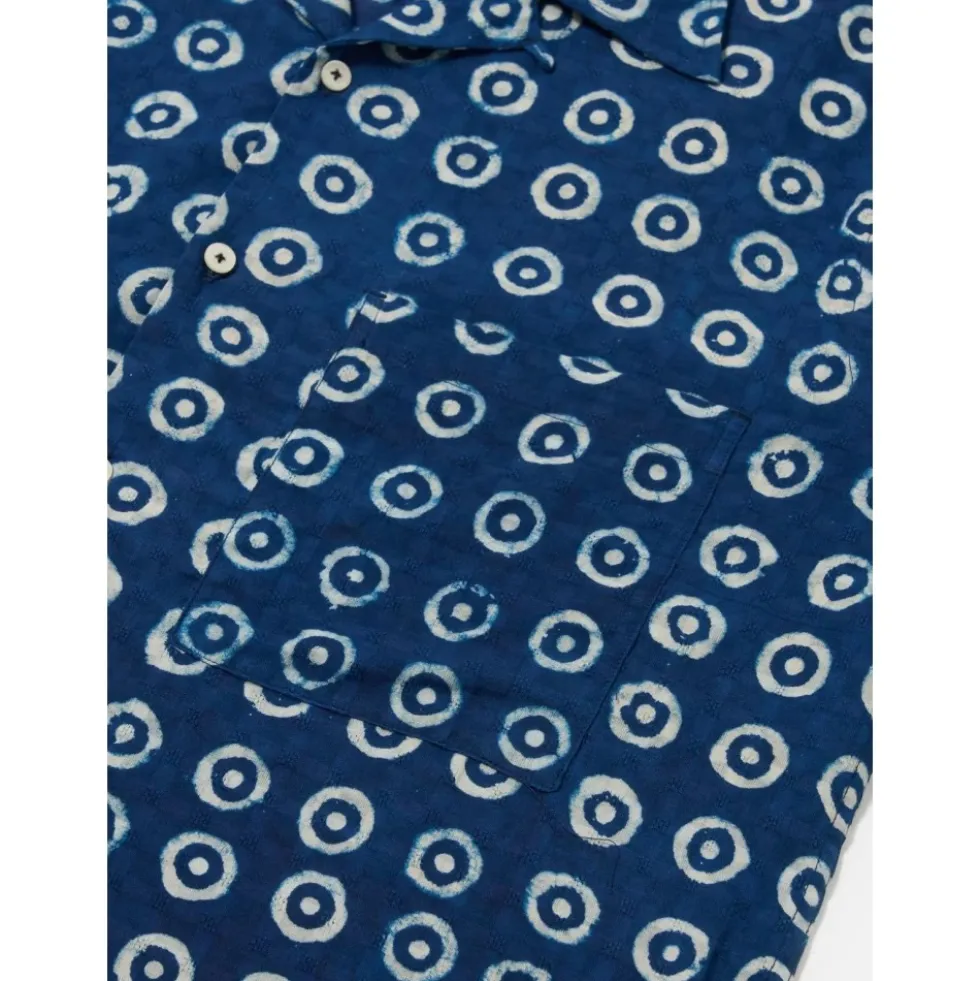 Indigo Block Print Circles Camper Shirt
