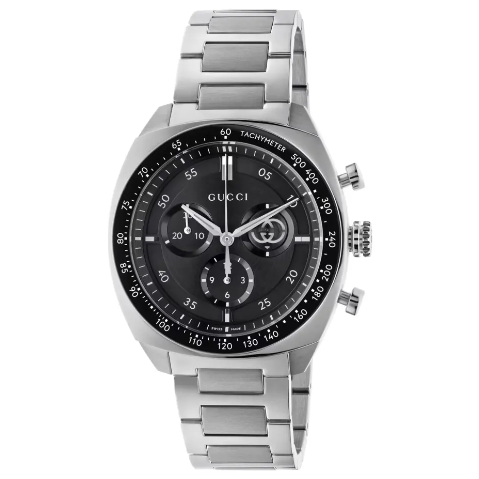 41mm rustfrit stålkasse, sort skive, lille sekundvisning, sort keramisk bezel med tachymeter indikation, rustfrit stål armbånd