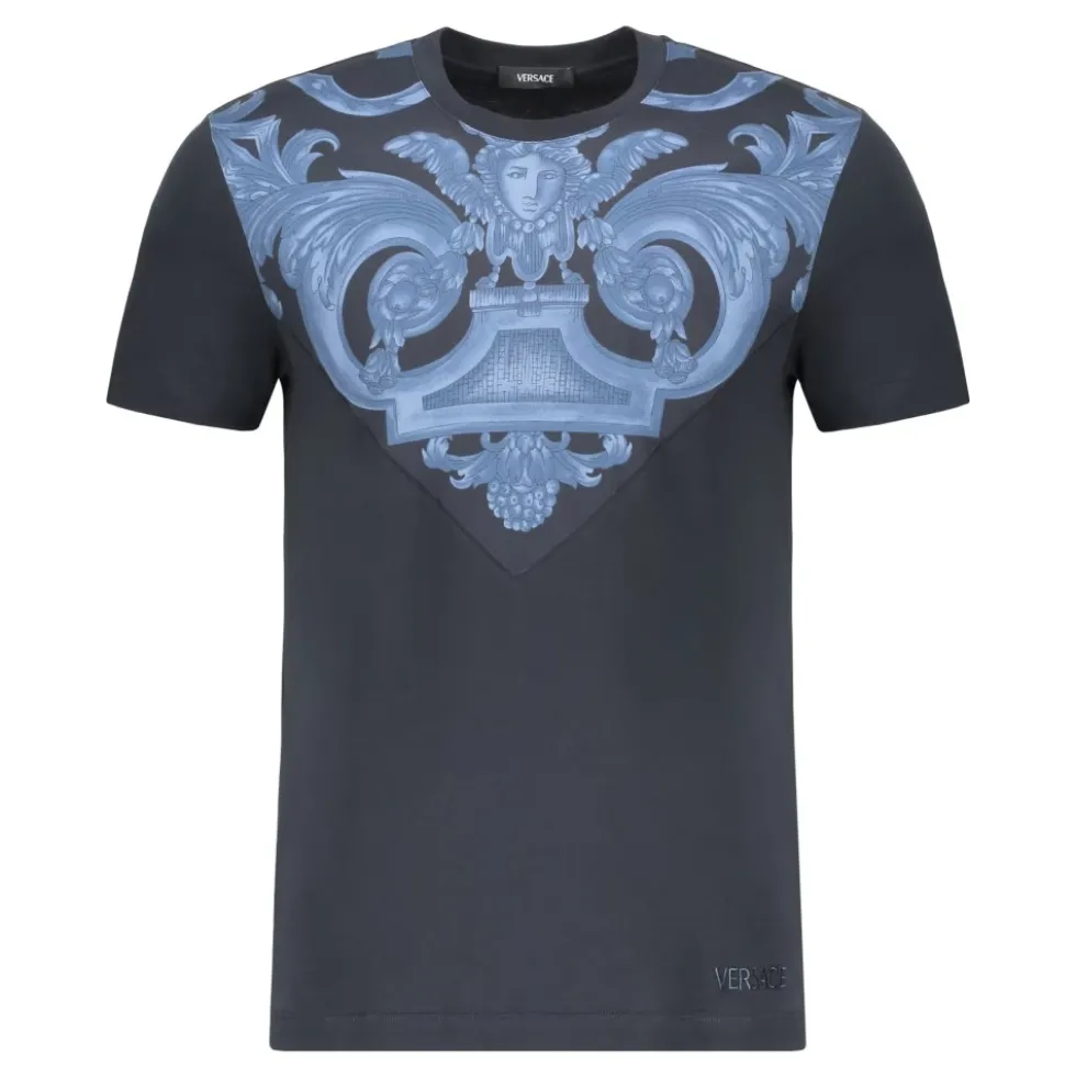Ribbet bomulds T-shirt med frontprint