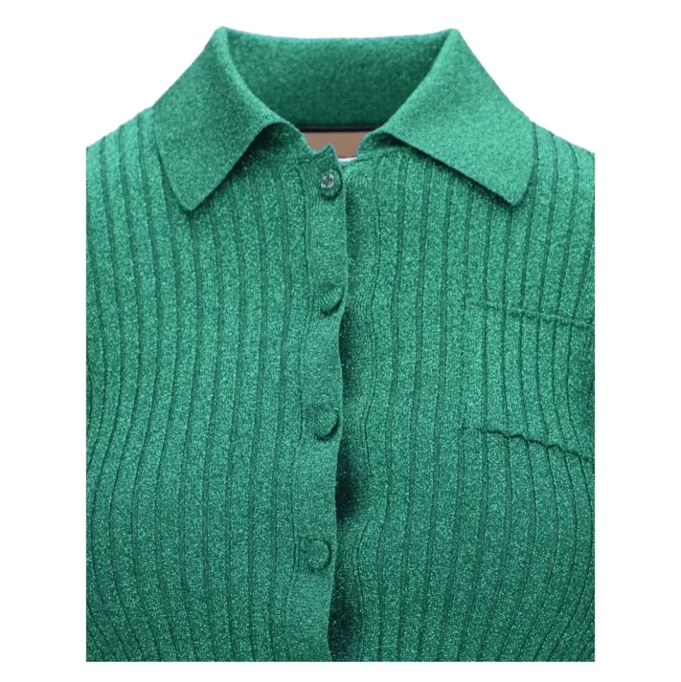 Rib Lamé Cropped Polo Shirt