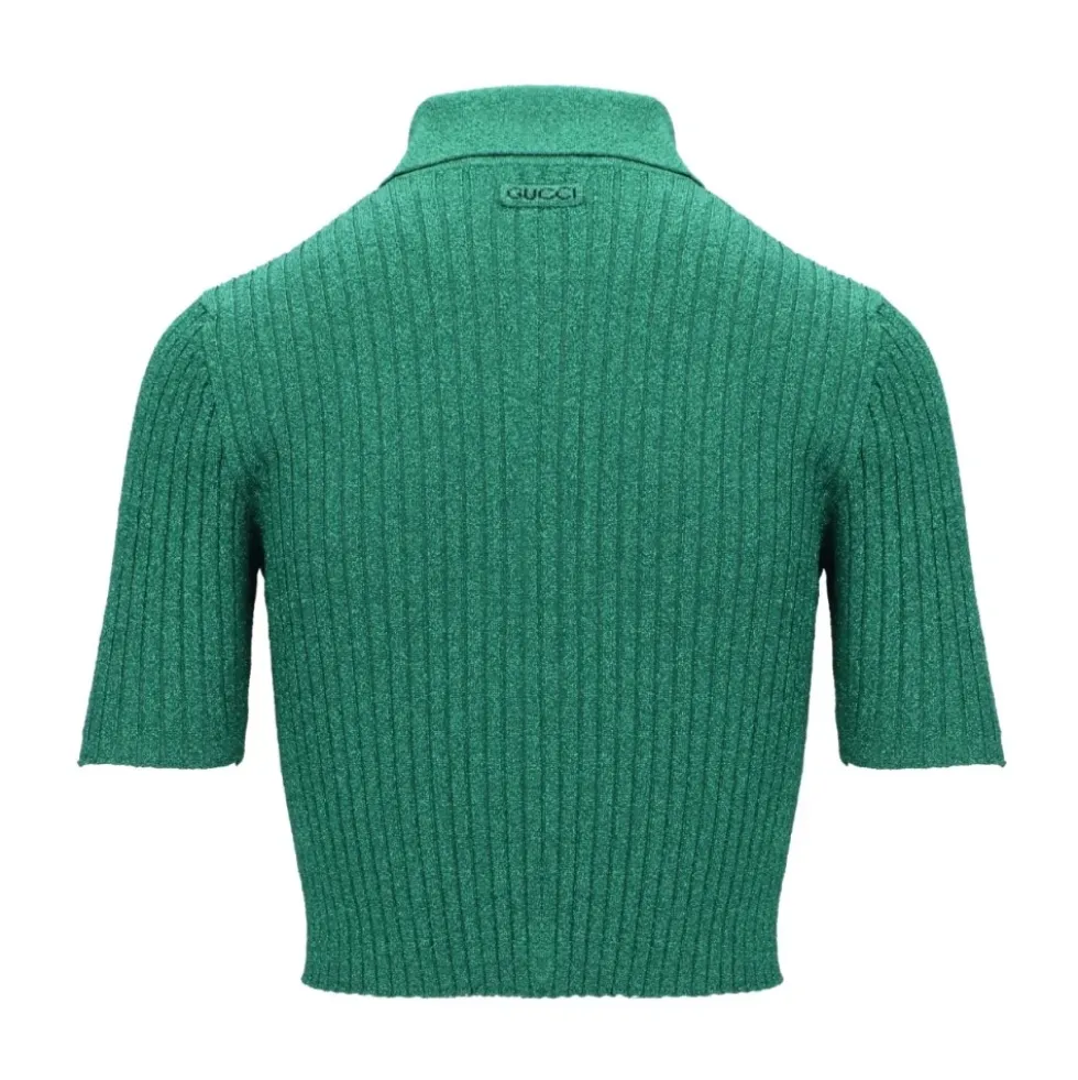 Rib Lamé Cropped Polo Shirt