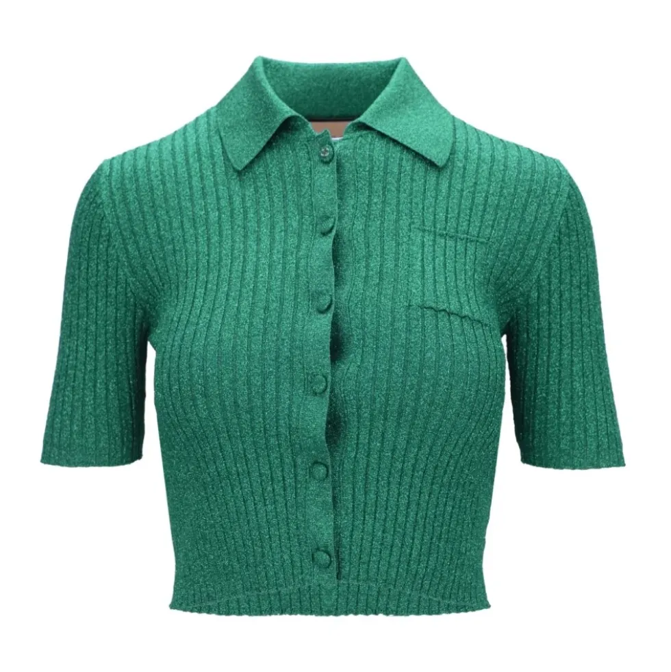 Rib Lamé Cropped Polo Shirt