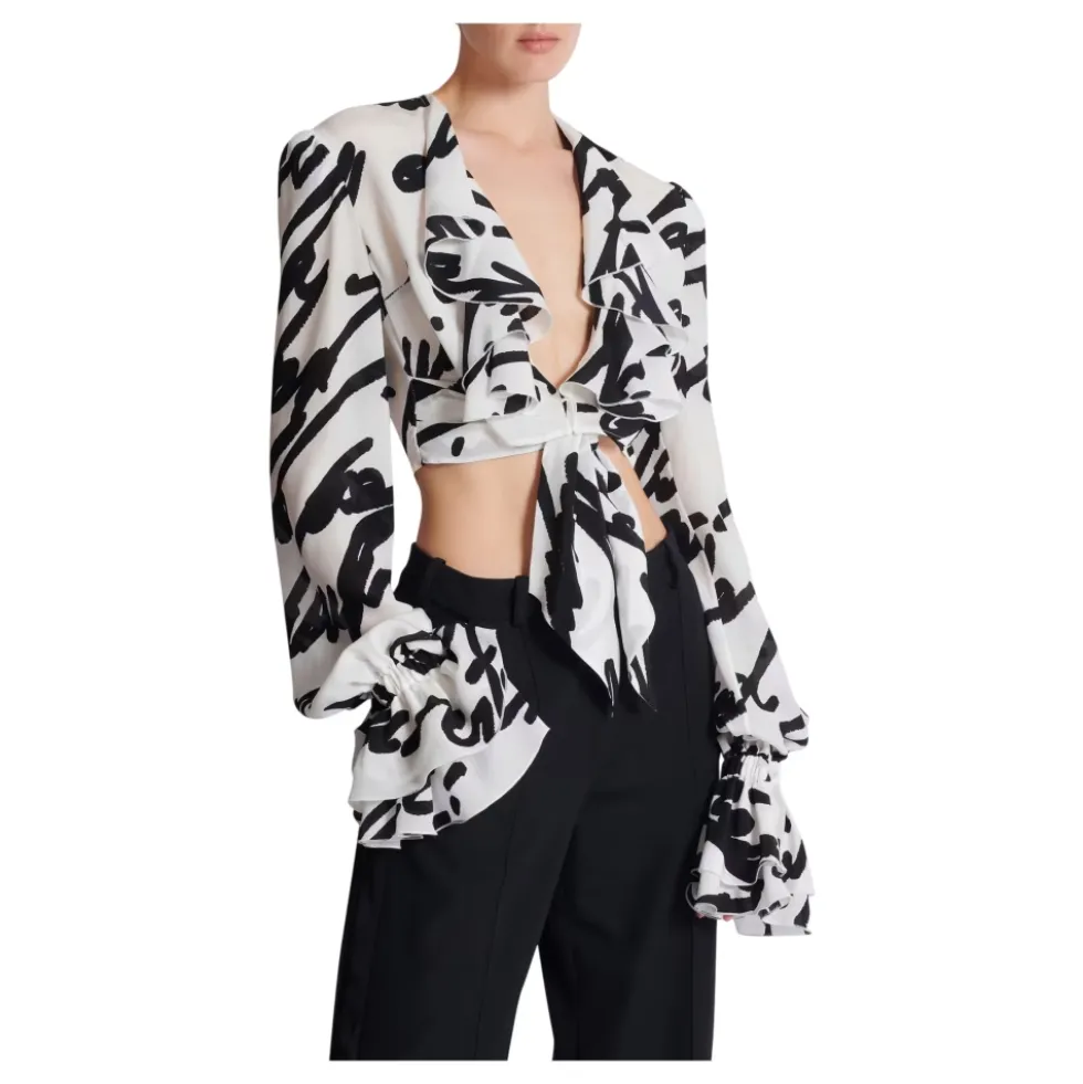 Ruffled love letter knotted crop shirt