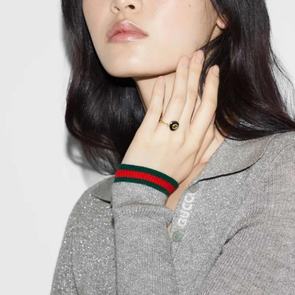 Sammensatte ring i gult guld, onyx og diamant