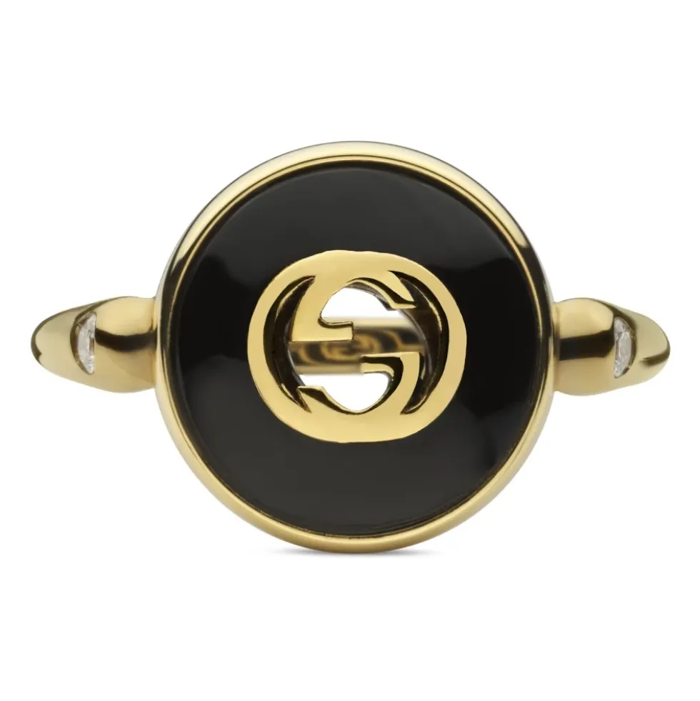 Sammensatte ring i gult guld, onyx og diamant