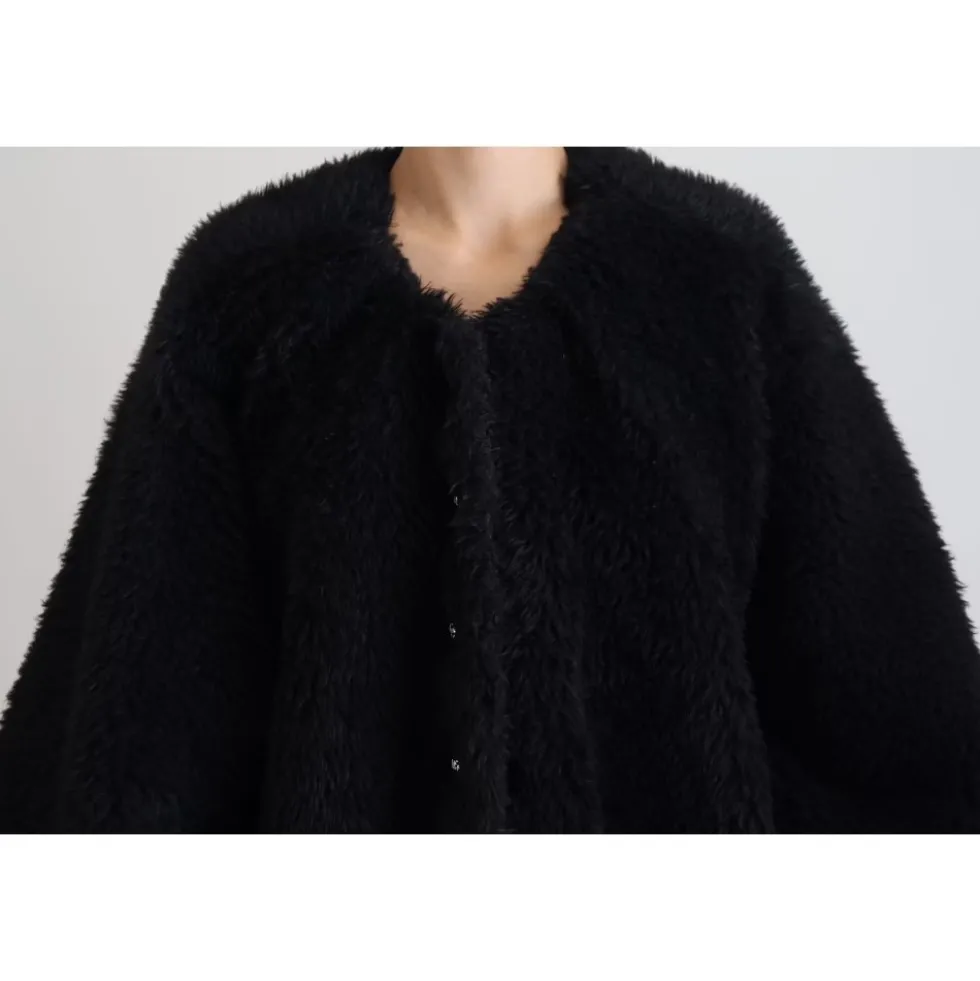 Sort Cashmere Blandet Imiteret Pels Frakke Jakke