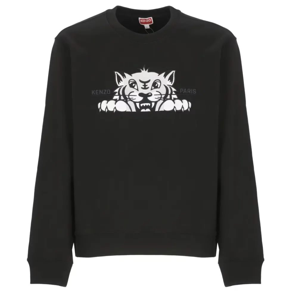 Sort Crewneck Sweatshirt med Tiger Broderi