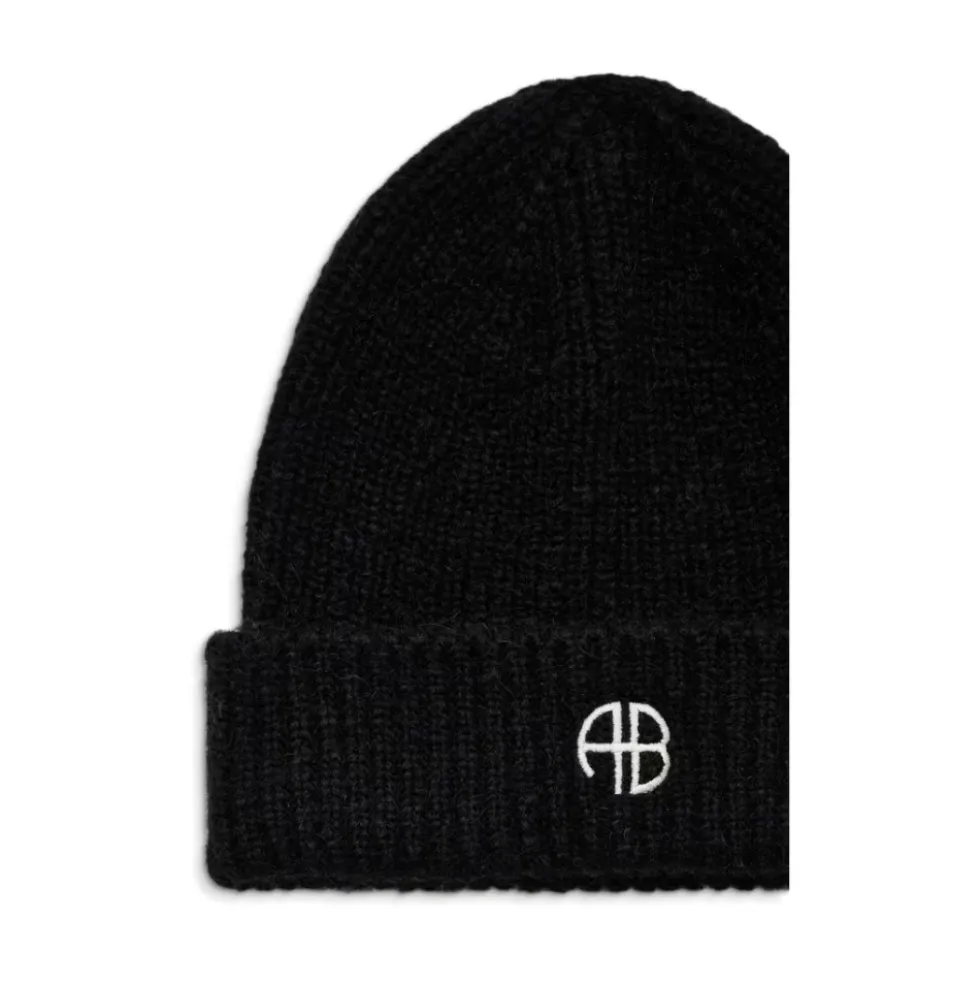 Sort Strik Hue med Logo Broderi