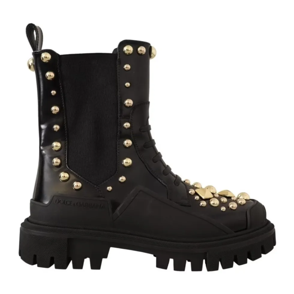 Studded Læder Ankelstøvler med Broderi